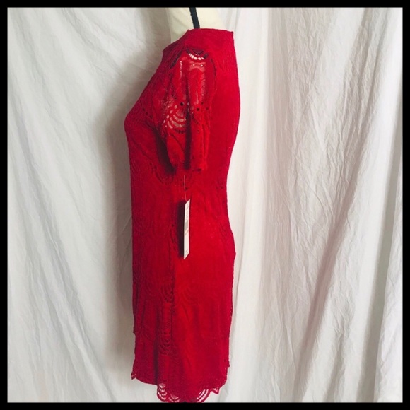 SHARAGANO RED LACE SHORT SLEEVE SHEATH DRESS - Picture 5 of 7